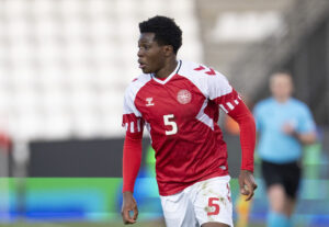 Patrick Dorgu (5) under U21 EM-kvalifikationskampen mellem Danmark og Litauen på Vejle Stadion tirsdag den 26. marts 2024. Kampen endte 3-0