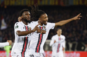 Khéphren Thuram jubler efter scoring under kampen mellem FC Basel og OGC Nice