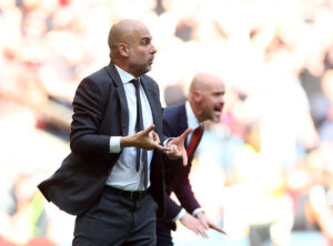 Pep Guardiola på sidelinjen for Manchester City under FA Cup-finalen mellem Manchester City og Manchester United.