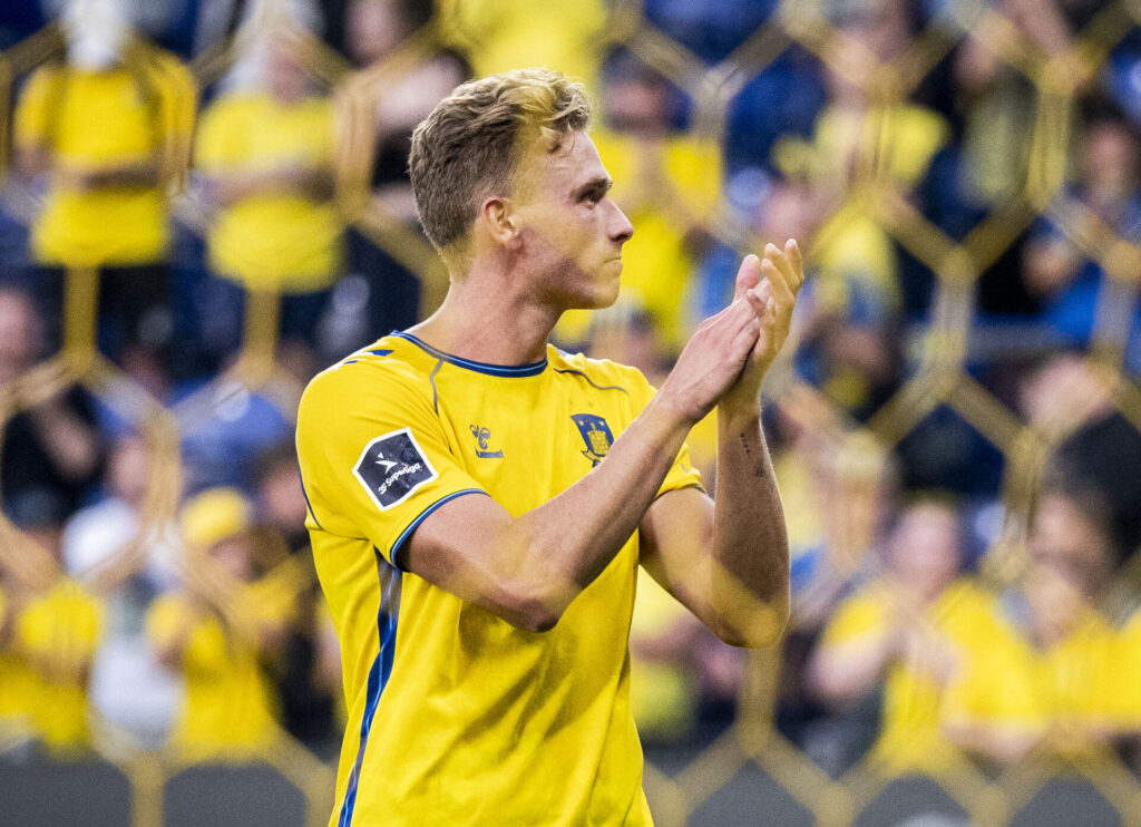 Brøndbys Sebastian Sebulonsen under superligakampen mellem Brøndby og Vejle på Brøndby Stadion mandag den 29. juli 2024.