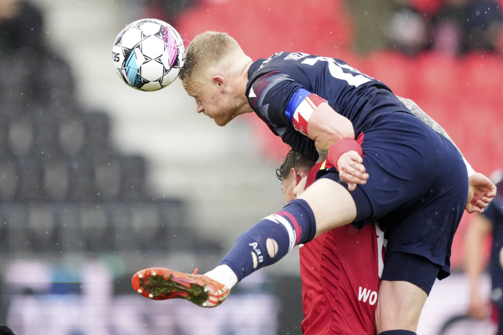 Rasmus Thelander (AaB 26) NordicBet Liga-kampen mellem FC Fredericia og AaB i Fredericia torsdag den 25. april 2024