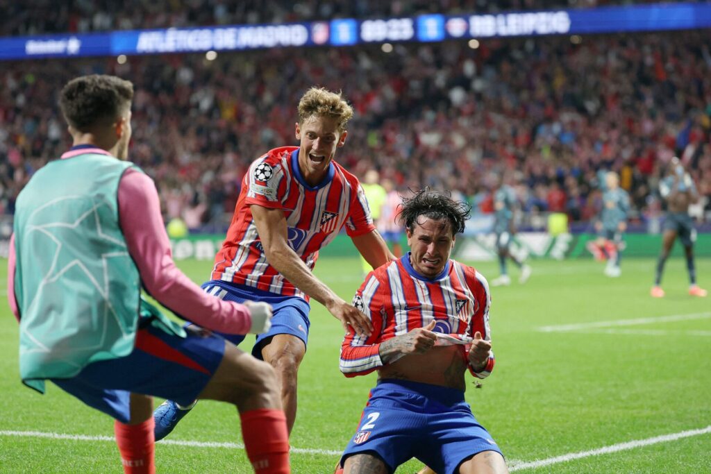 Jose Maria Gimenez fejrer sin scoring for Atlético MAdrid i Champions League mod RB Leipzig.