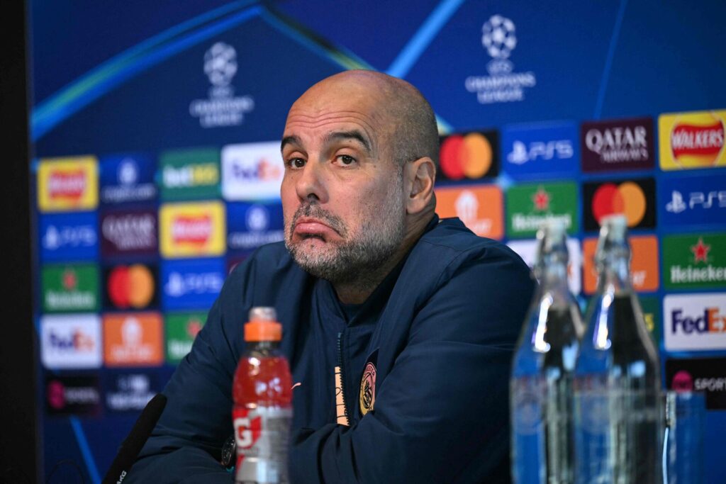 Pep Guardiola på Manchester Citys pressemøde forud for kampen mod Inter i Champions League.