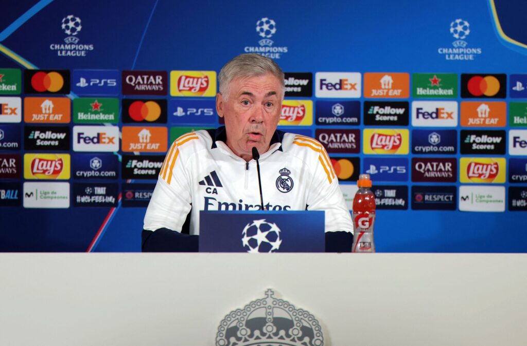 Carlo Ancelotti på et pressemøde forud for Real Madrids første kamp i den nye udgave af Champions League.