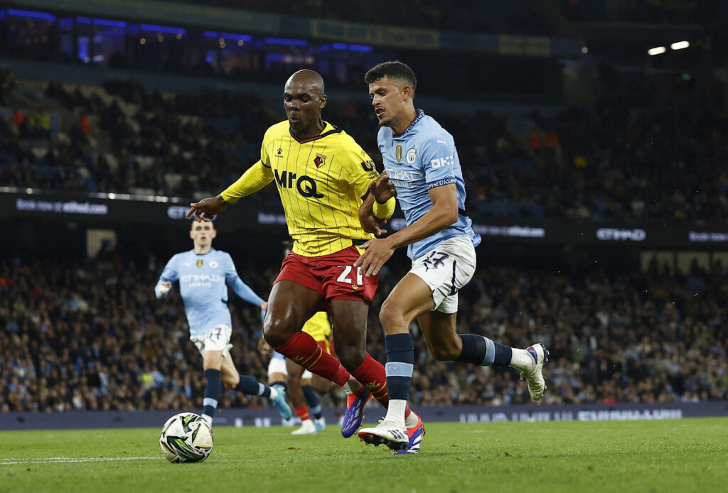 Matheus Nunes i aktion for Manchester City mod Watford i Carabao Cup.