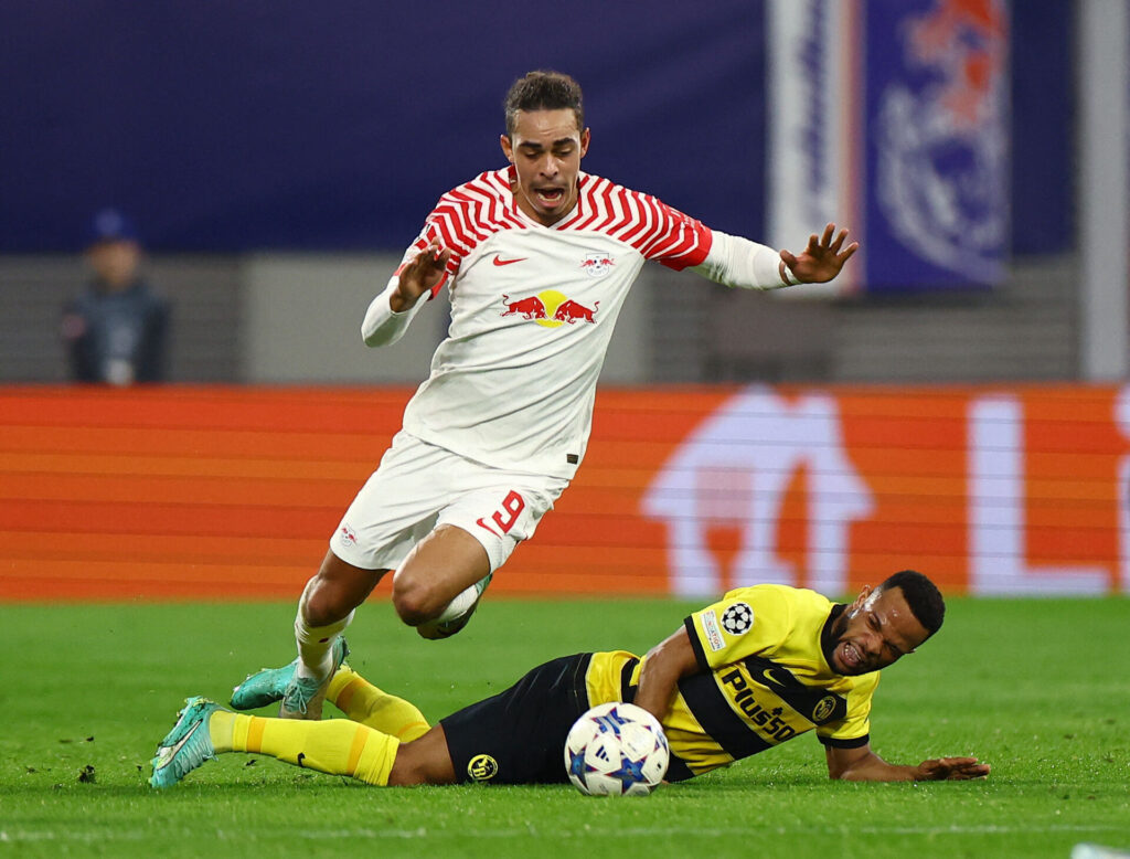 Yussuf Poulsen i aktion for RB Leipzig mod Young Boys i Champions League.