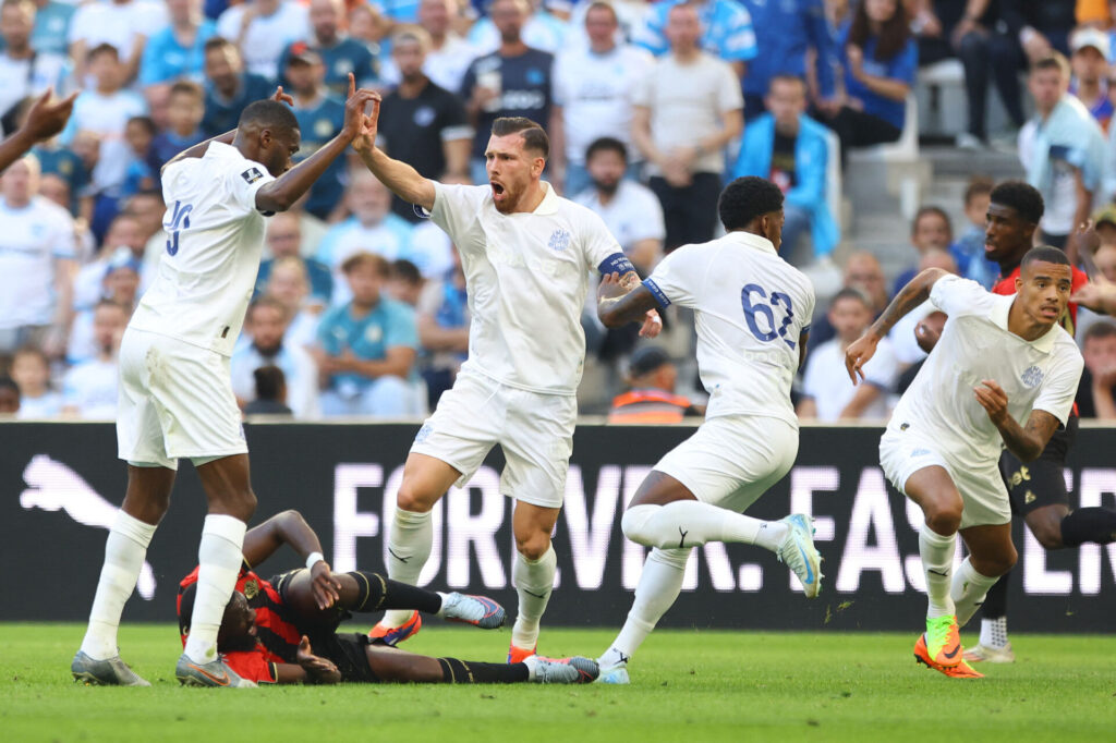 Marseille-spillere under Ligue 1-kampen mod OGC Nice.