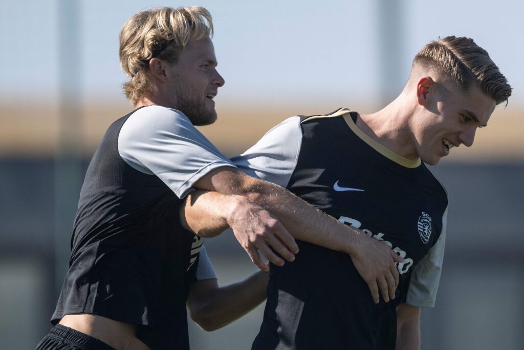 Morten Hjulmand og Viktor Gyökeres til træning for Sporting.