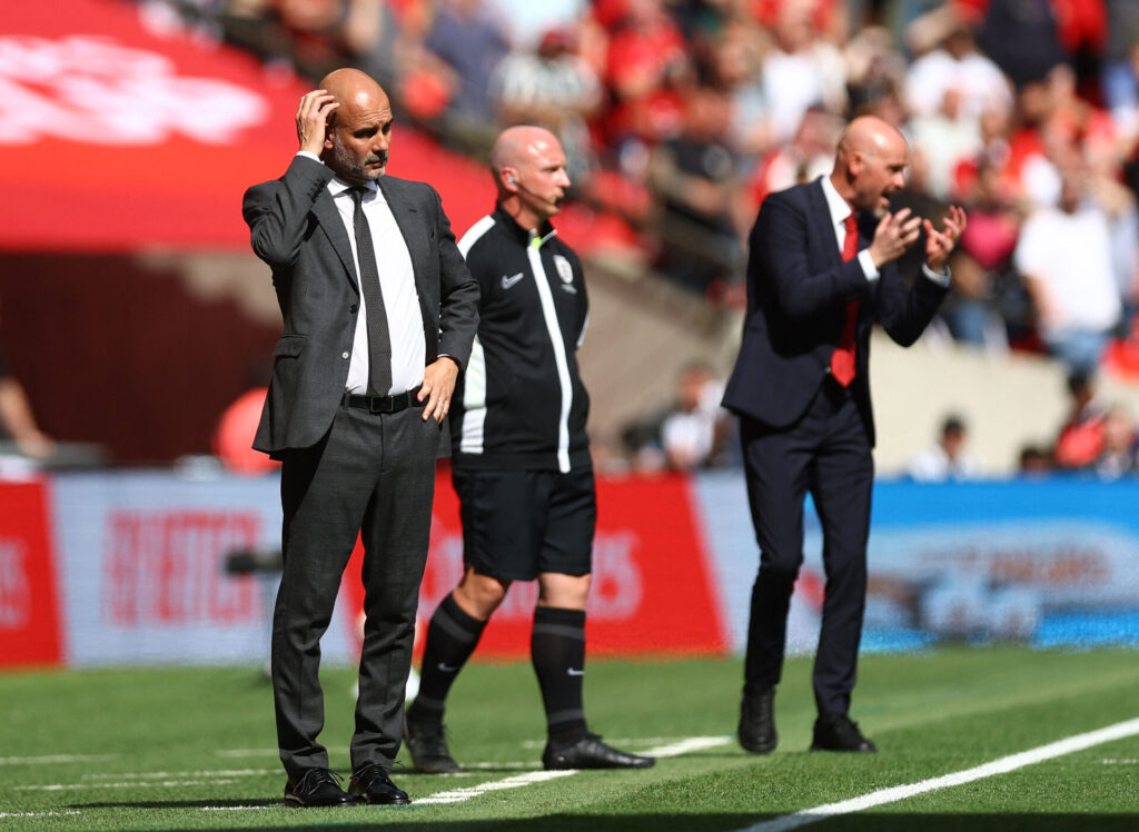 Per Guardiola og Erik ten Hag overfor hinanden i FA Cup-finalen 2024.