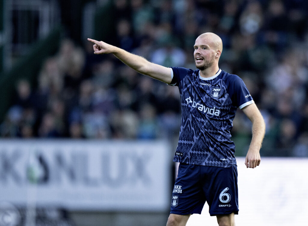 AGF's Nicolai Poulsen i superligakampen mellem Viborg FF og AGF på Energi Viborg Arena, søndag den 6. oktober 2024.