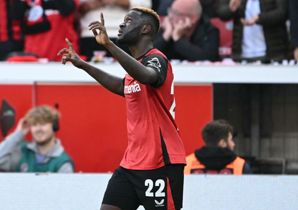 Bayer Leverkusen's Nigerian forward #22 Victor Boniface celebrates scoring during the German first division Bundesliga football match between XBayer Leverkusen and Eintracht Frankfurt in Leverkusen on October 19, 2024.