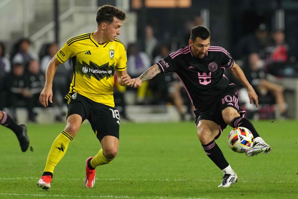 Lionel Messi #10 of Inter Miami CF controls the ball against Malte Amundsen #18 of the Columbus Crew during the first half at Lower.com Field on October 02, 2024 in Columbus, Ohio. Jason Mowry/Getty Images/AFP