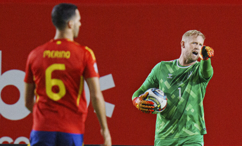 Kasper Schmeichel under UEFA Nations League-kampen mellem Spanien og Danmark i Murcia, Spanien, lørdag den 12. oktober 2024.