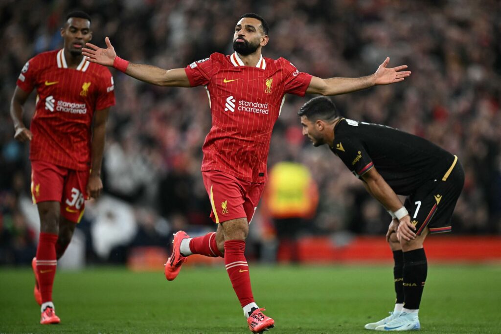 Mohamed Salah fejrer det mål, der gør ham til den mest scorende afrikaner nogensinde i Champions League.