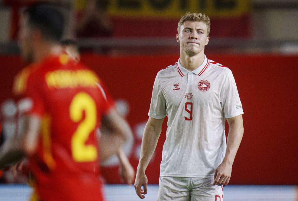 Rasmus Højlund under UEFA Nations League-kampen mellem Spanien og Danmark i Murcia, Spanien, lørdag den 12. oktober 2024.