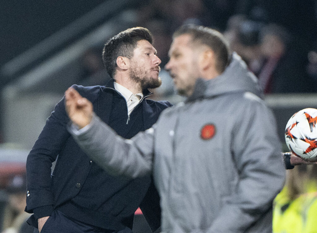 RUSG's head coach Sebastian Pocognoli and FC Midtjylland's head coach Thomas Thomasberg during the UEFA Europa League match between FC Midtjylland and Royale Union SG at MCH Arena in Herning on Thursday