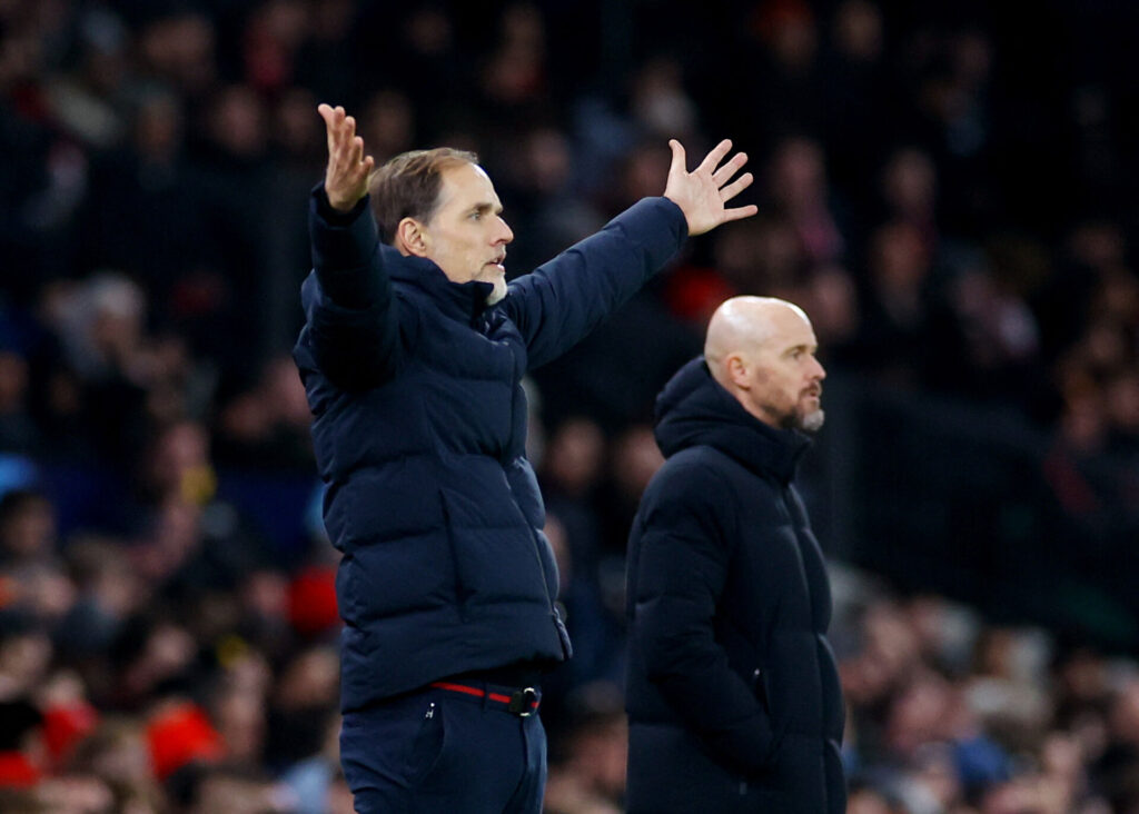 Thomas Tuchel og Erik ten Hag under Champions League-kampen mellem Manchester United og Bayern München.