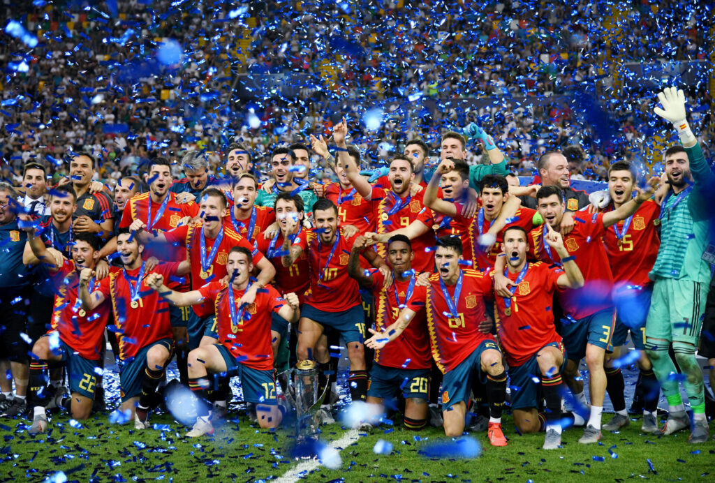 Soccer Football - 2019 UEFA European Under-21 Championship - Final - Spain v Germany - Dacia Arena, Udine, Italy - June 30, 2019 Spain players pose with the trophy as they celebrate winning the UEFA European Under-21 Championship