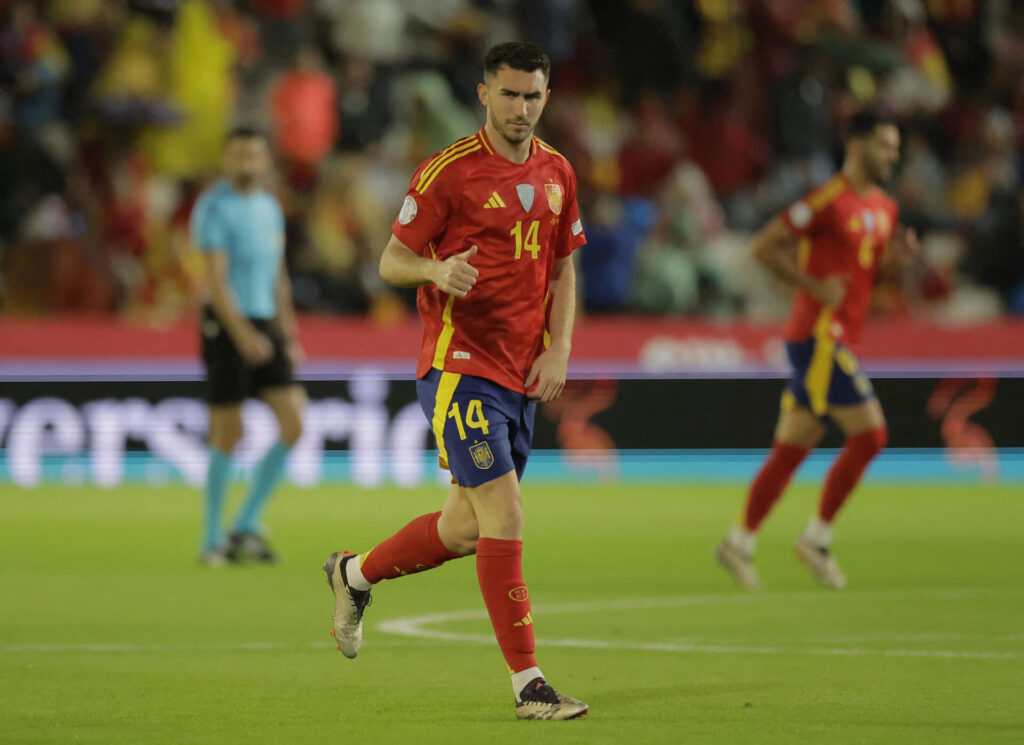 Soccer Football - UEFA Nations League - Group A4 - Spain v Serbia - Estadio Municipal Nuevo El Arcangel, Cordoba, Spain - October 15, 2024 Spain's Aymeric Laporte celebrates scoring their first goal