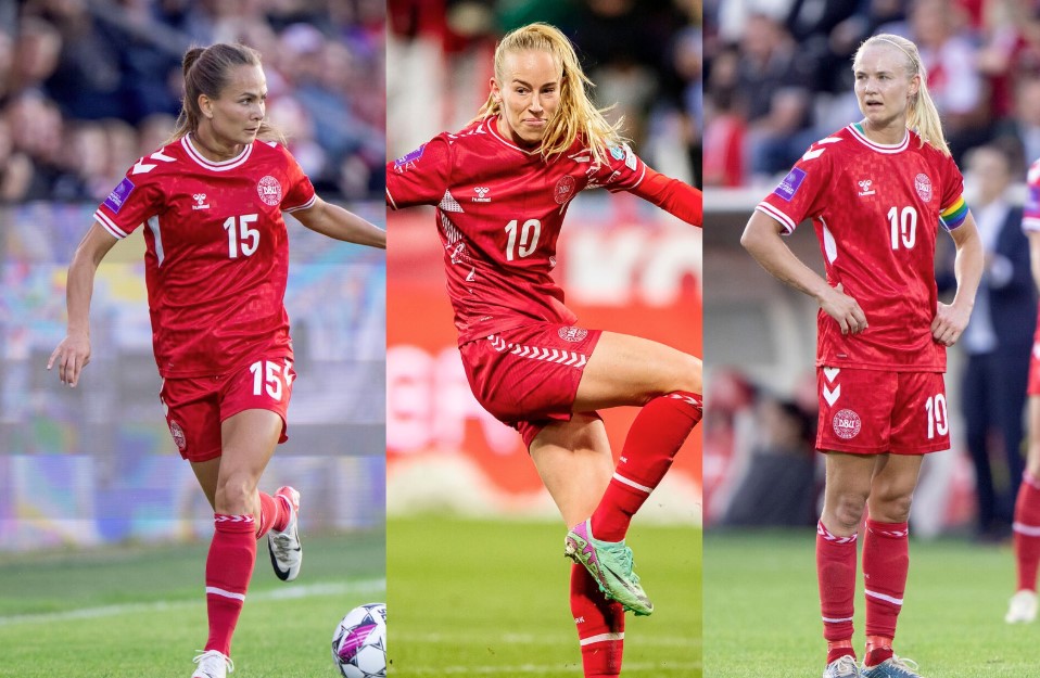 Kollage af de tre spillere, der er nomineret til årets spiller i Danmark 2024: Frederikke Thøgersen, Amalie Vangsgaard og Pernille Harder.