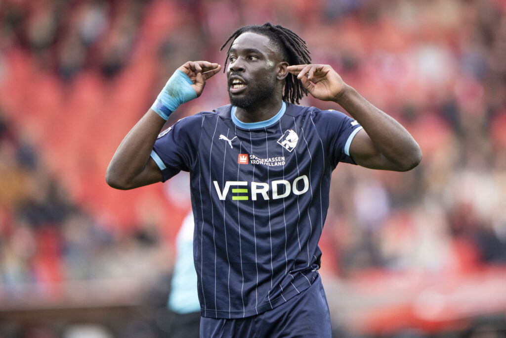 Randers FCs Florian Danho reagerer efter stor chance under superligakampen mellem AaB og Randers FC på Aalborg Portland Park søndag den 20. oktober 2024