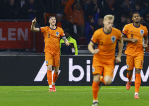 Wout Weghorst fejrer en scoring for Holland.
