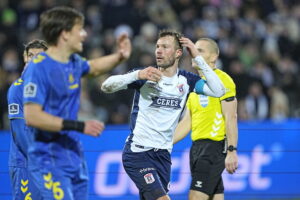 AGF skal på jagt efter en arvetager for Patrick Mortensen, der meget vel kunne rende rundt i OB eller F.C. København. Bo Amstrup/Ritzau Scanpix