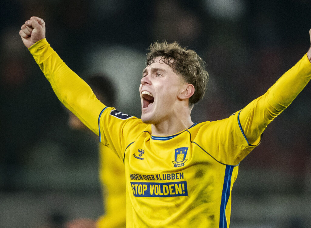 Brøndby IFs Mathias Kvistgaarden scorer til 1-0 under 3F Superliga-kampen mellem Brøndby IF og FC Nordsjælland på Brøndby Stadion, søndag den 10. november 2024