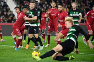 Conrad Harder kæmper for at nå bolden