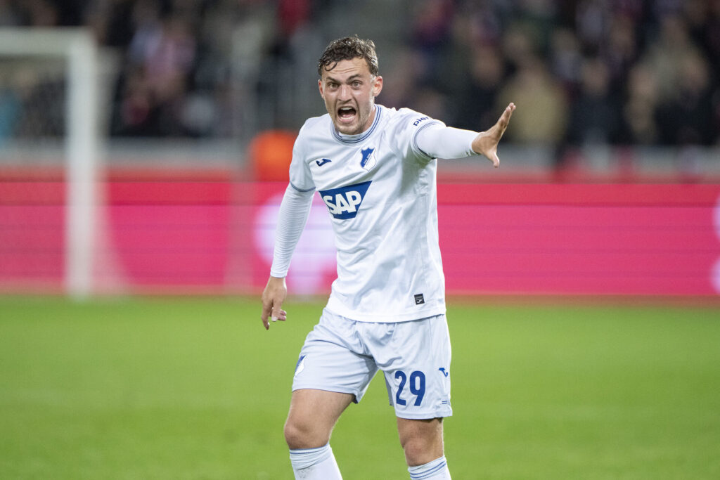 Hoffenheims Jacob Bruun Larsen reagerer under UEFA Europa League-kampen mellem FC Midtjylland og TSG 1899 Hoffenheim i MCH Arena i Herning onsdag den 25. september 2024