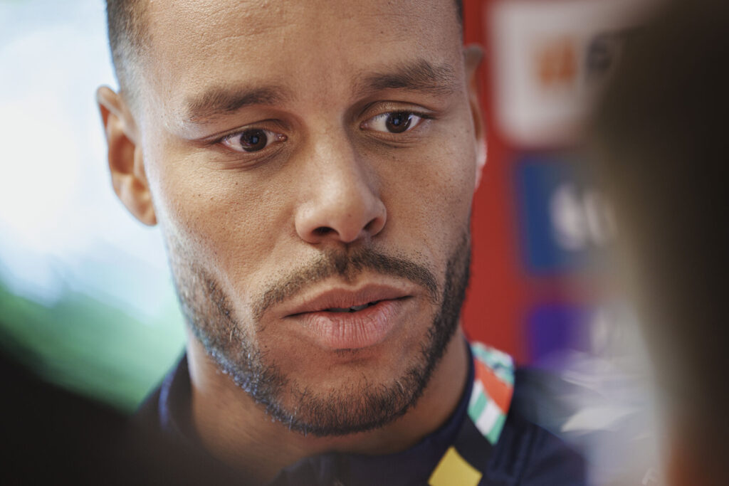 Mathias Jørgensen under landsholdets mixed zone i Freudenstadt, tirsdag den 11 juni 2024.