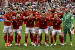 Det danske landshold forud for EM-kampen mod England 2024.
