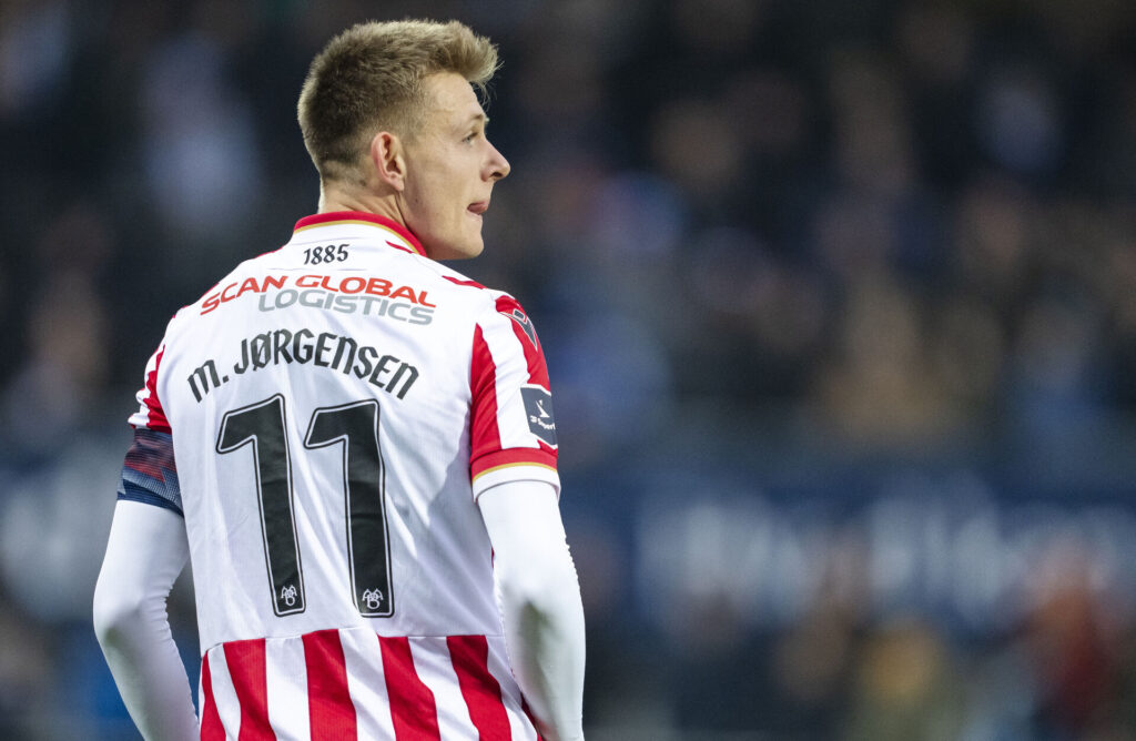 Aabs Mathias Jørgensen under 3F Superliga-kampen mellem Lyngby Boldklub og AaB på Lyngby Stadion, søndag den 10. november 2024