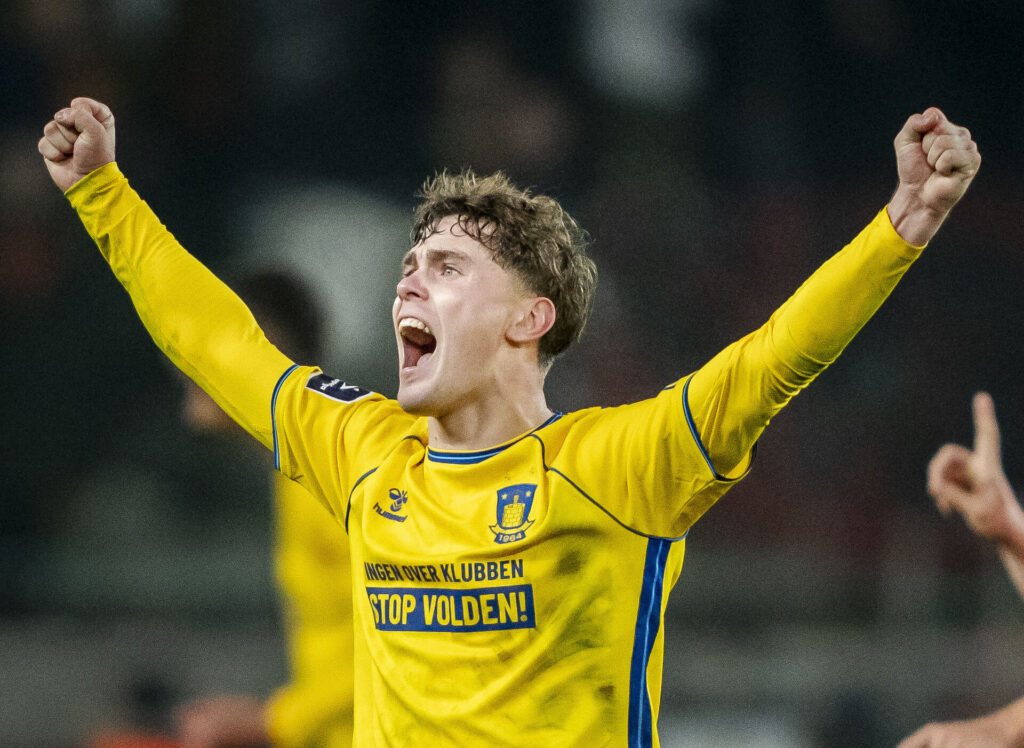 Brøndby IFs Mathias Kvistgaarden scorer til 1-0 under 3F Superliga-kampen mellem Brøndby IF og FC Nordsjælland på Brøndby Stadion, søndag den 10. november 2024