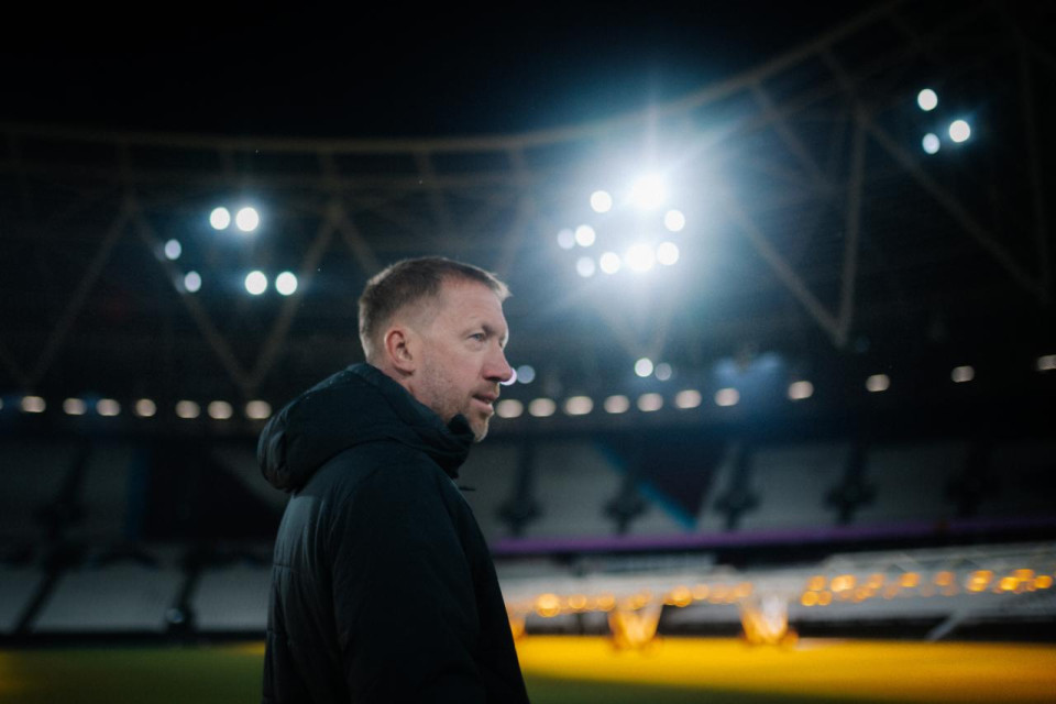 Graham Potter på West Hams stadion London Stadium ved sin præsentation.