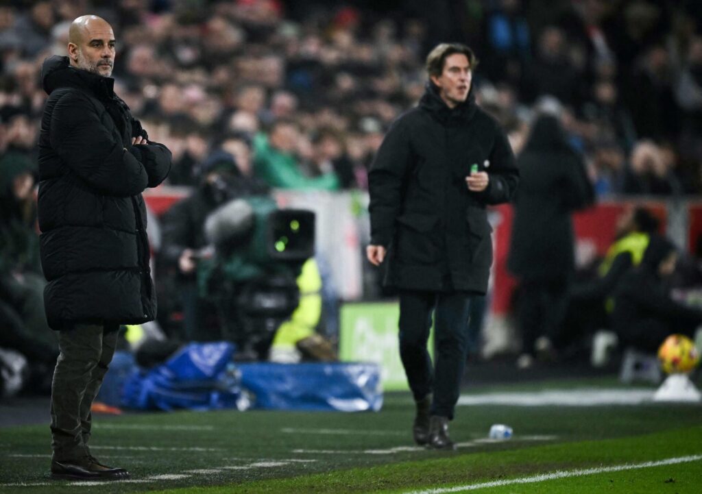 Thomas Frank og Josep Guardiola på sidelinjen.