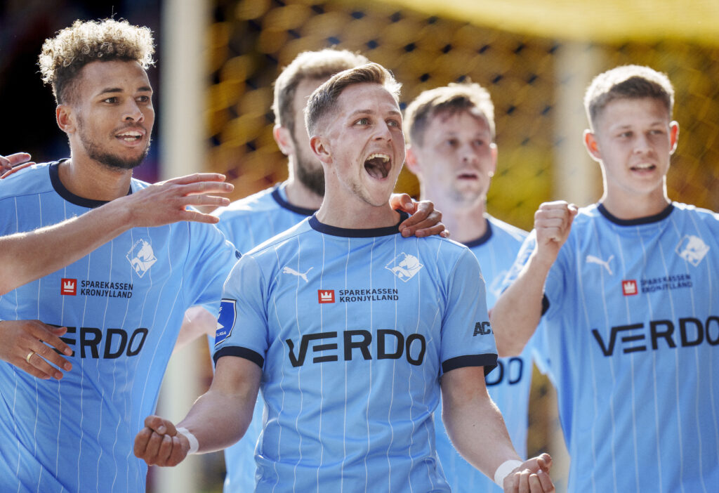 Randers FCs Simen Bolkan Nordli til 0-4 under superligakamp mellem Brøndby IF og Randers FC på Brøndby Stadion, søndag den 23. april 2023.. (Foto: Liselotte Sabroe/Ritzau Scanpix)