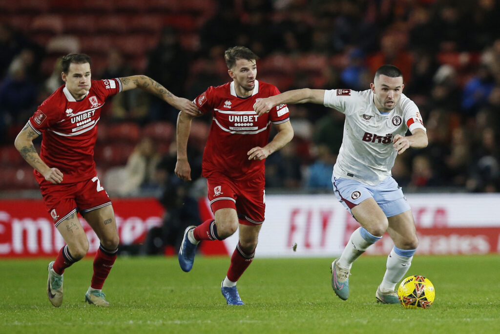 Soccer Football - FA Cup - Third Round - Middlesbrough v Aston Villa - Riverside Stadium, Middlesbrough, Britain - January 6, 2024 Aston Villa's John McGinn in action with Middlesbrough's Lukas Ahlefeld Engel and Daniel Barlaser Action Images via Reuters/Craig Brough