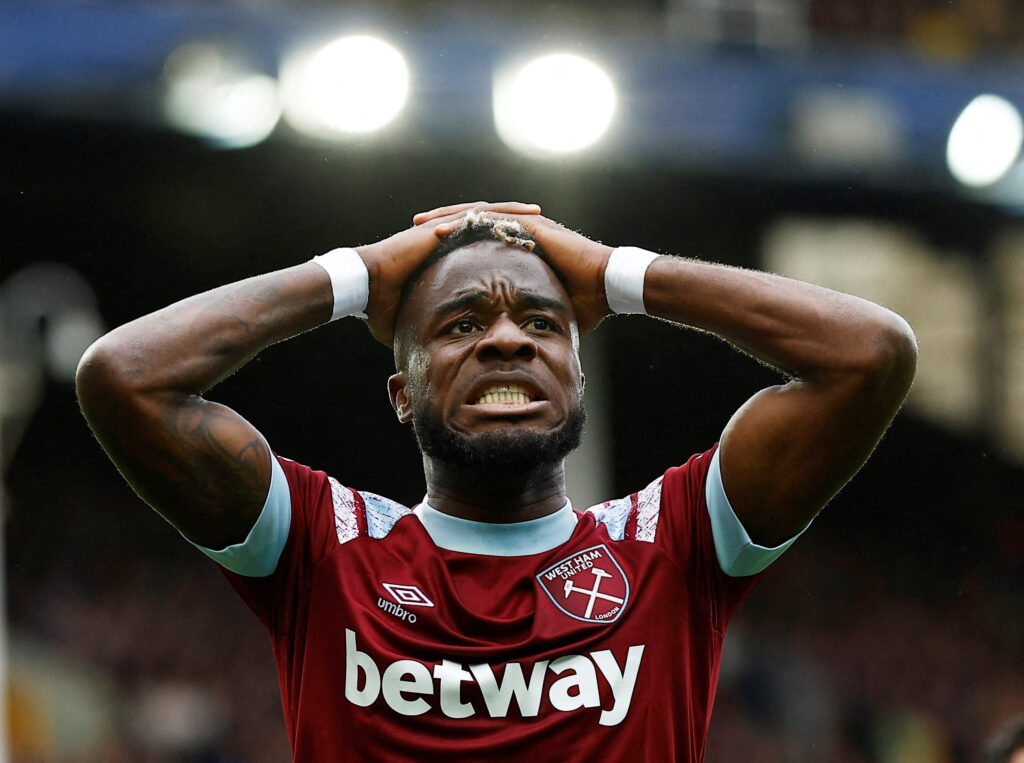 Soccer Football - Premier League - Everton v West Ham United - Goodison Park, Liverpool, Britain - September 18, 2022 West Ham United's Maxwel Cornet reacts after missing a chance to score Action Images via Reuters/Jason Cairnduff EDITORIAL USE ONLY.No use with unauthorized audio, video, data, fixture lists, club/league logos or 'live' services. Online in-match use limited to 75 images, no video emulation.No use in betting, games or single club /league/player publications. Please contact your account representative for further details. TPX IMAGES OF THE DAY