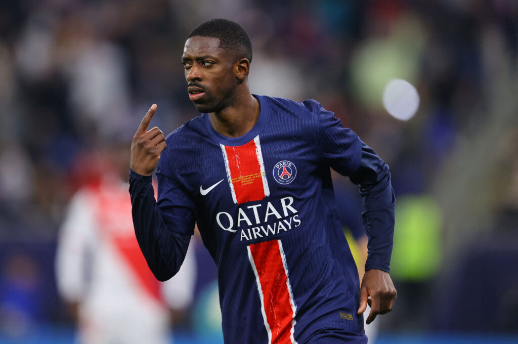 Ousmane Dembele fejrer sin scoring i finalesejren over AS Monaco.