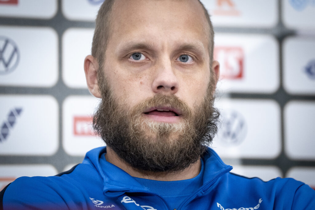 Teemu Pukki under Finlands pressemøde dagen før kampen mod Danmark, Olympiske Stadion i Helsinki, lørdag den 9. september.. (Foto: Mads Claus Rasmussen/Ritzau Scanpix)