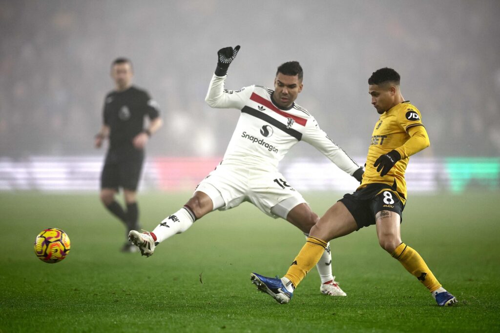 Casemiro tackler Joao Gomes.