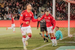 German Onugkha jubler ud mod Vejles fans.