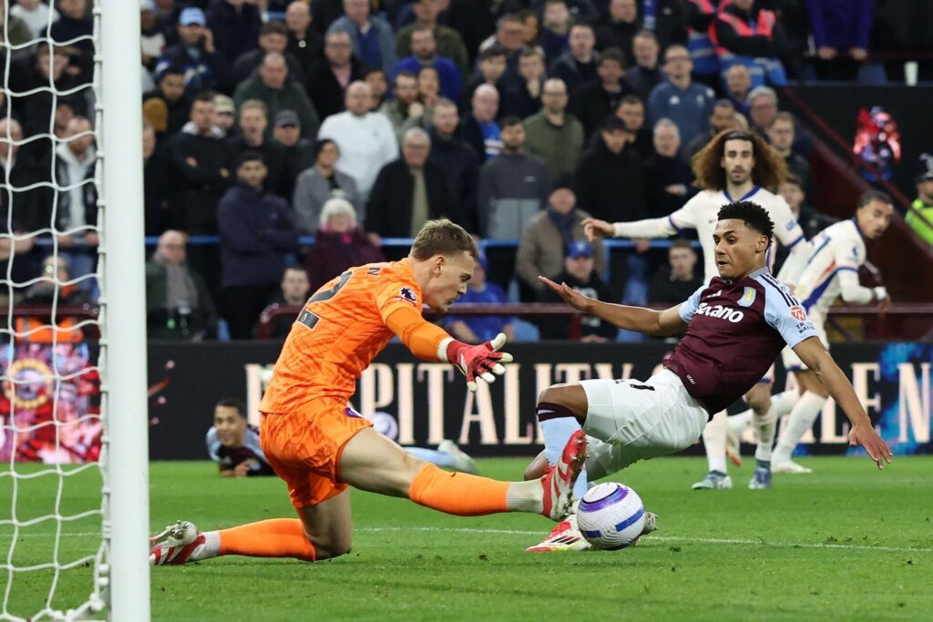 Filip Jørgensen i duel mod Ollie Watkins.