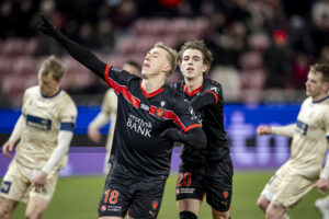 Adam Buksa fejrer sin scoring mod Lyngby Boldklub.