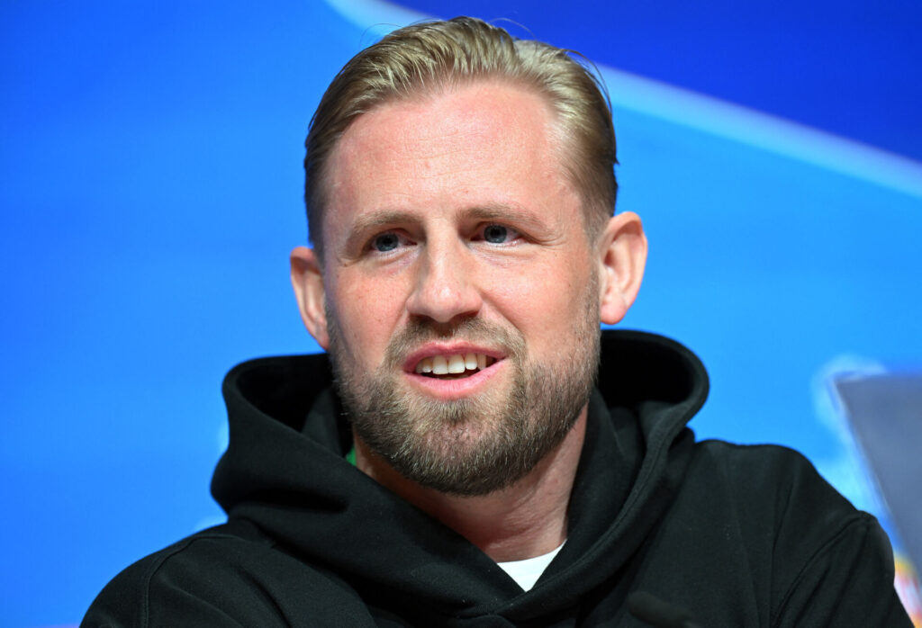 Kasper Schmeichel på et pressemøde inden Celtics kamp mod Bayern München.