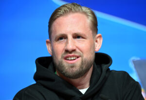 Kasper Schmeichel på et pressemøde inden Celtics kamp mod Bayern München.