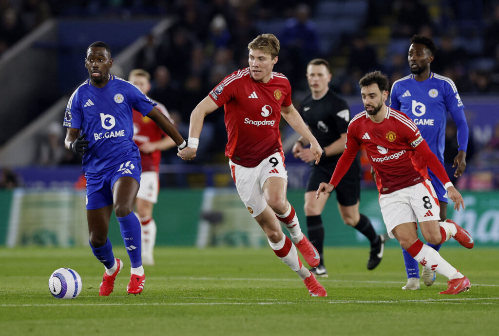 Rasmus Højlund mod Leicester City.