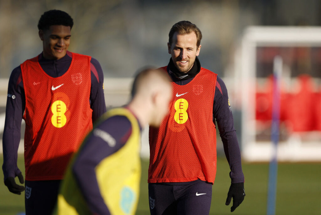 Harry Kane til træning med det engelske landshold.