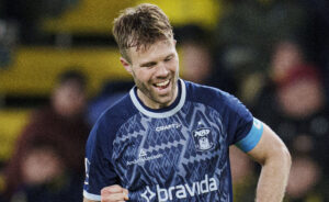 AGFs Patrick Mortensen til 1-2 under superligakampen mellem Brøndby og AGF i mesterskabsspillet på Brøndby Stadion mandag den 7. april 2025